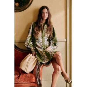 Sezane Robe Caprice Frise Florale Long-Sleeve Button-Front Olive Dress-Sz 34- XS